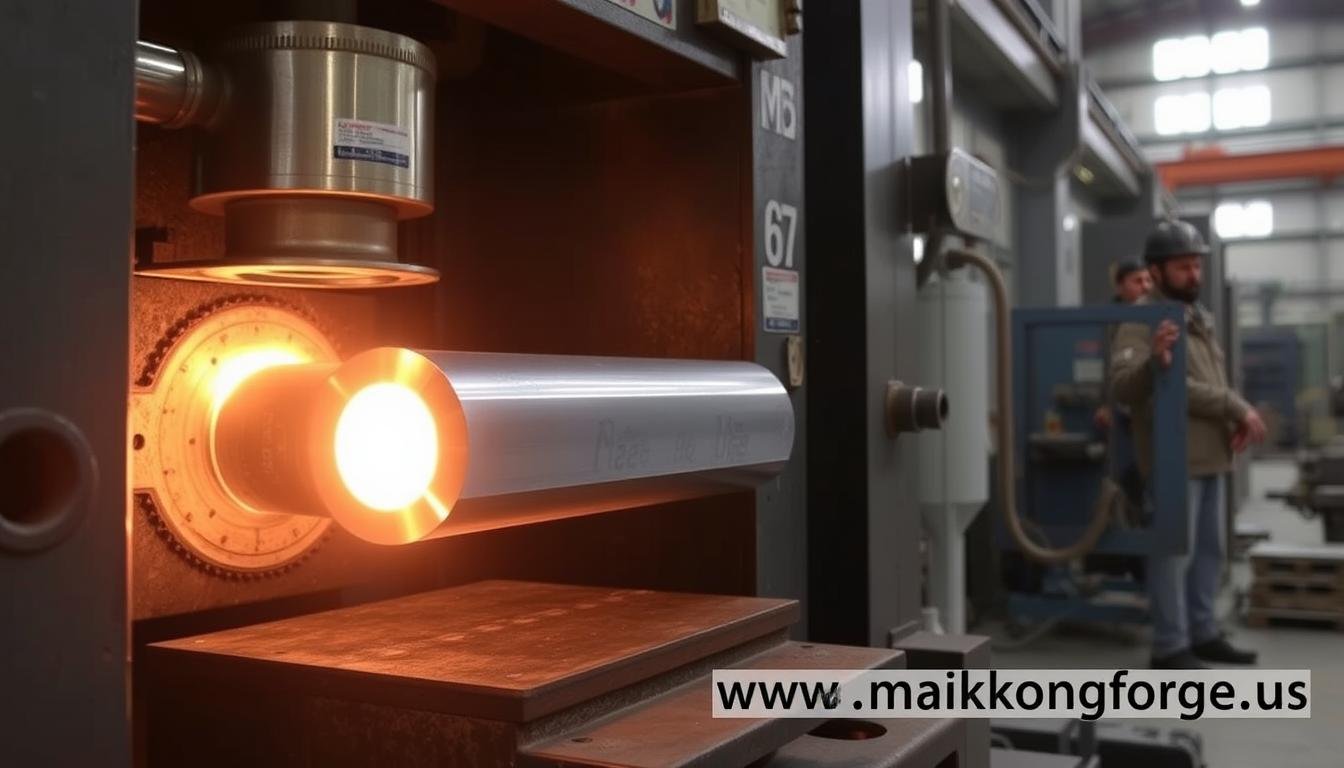 MAIKONG's aluminum forging process showing heated billet being forged