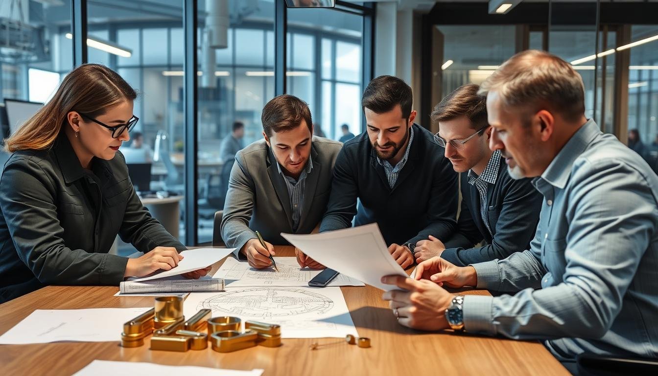 MAIKONG's engineering team reviewing brass extrusion designs with clients