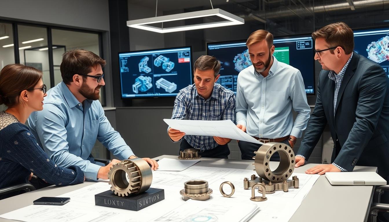 MAIKONG's engineering team reviewing steel forging designs with customers