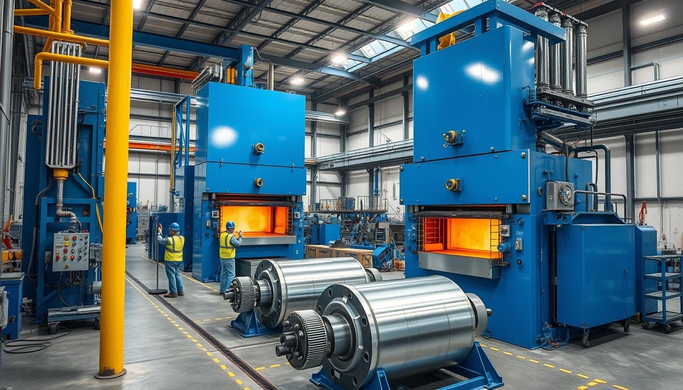 MAIKONG's hot forging aluminum manufacturing facility with hydraulic presses and heat treatment furnaces