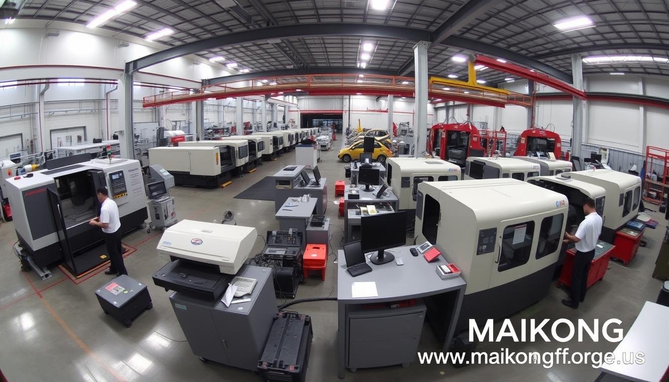 MAIKONG's manufacturing facility showing CNC machines and forging equipment with https://maikongforge.us watermark