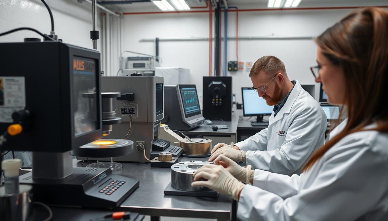 Material testing laboratory with technicians analyzing forge tooling materials