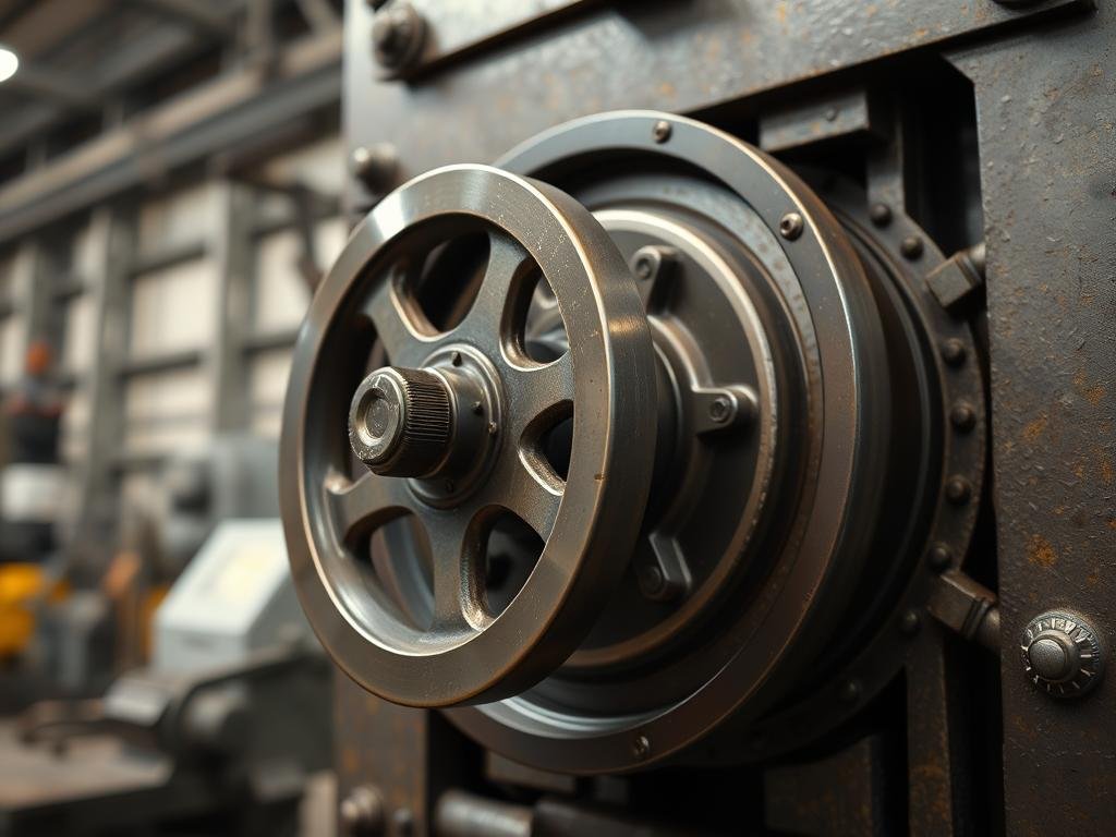 Mechanical forging press showing the flywheel and eccentric drive mechanism