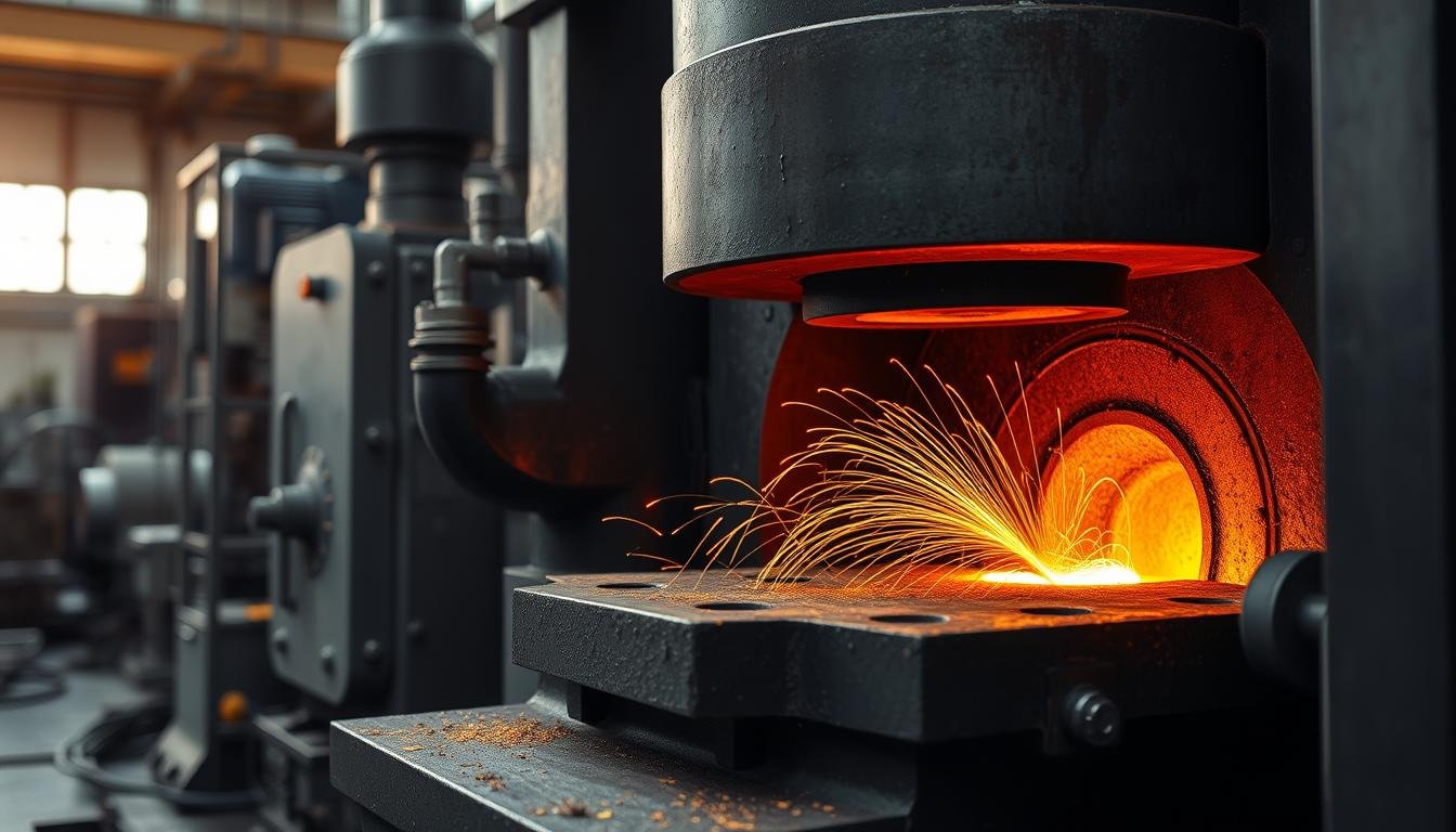 Metal being forged in industrial press showing the forging process in action