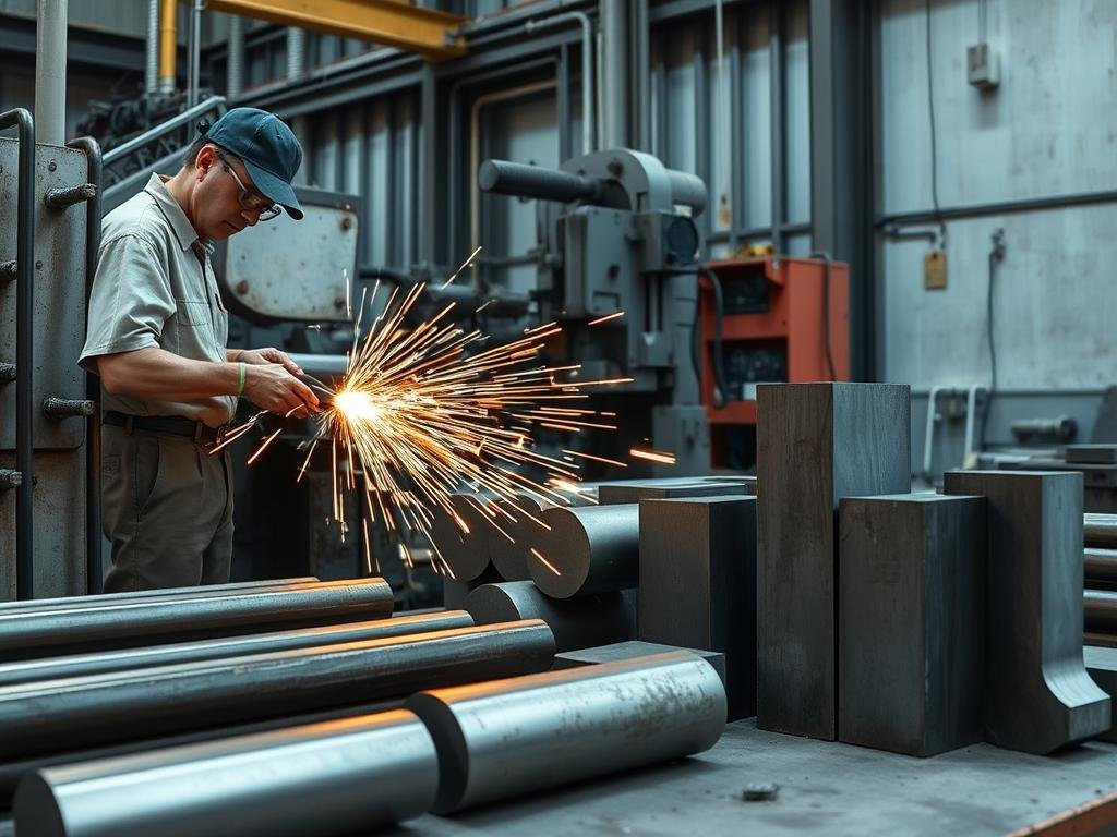 Metal billets being cut to precise lengths for the forging process