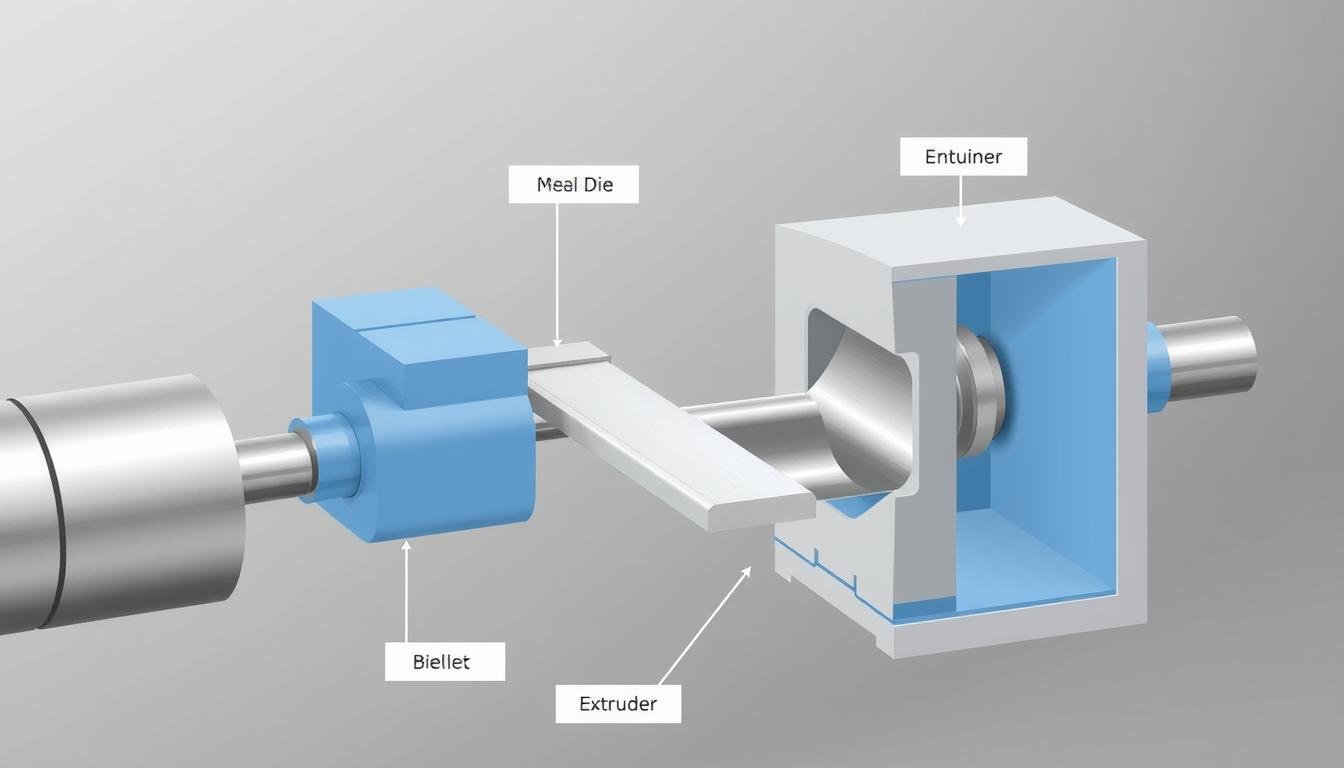 Metal extrusion process showing billet being pushed through a die