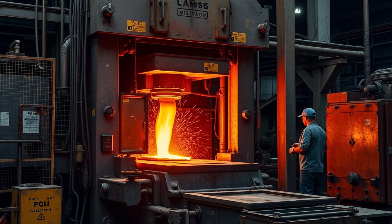 Metal forge operation showing hydraulic press forming metal