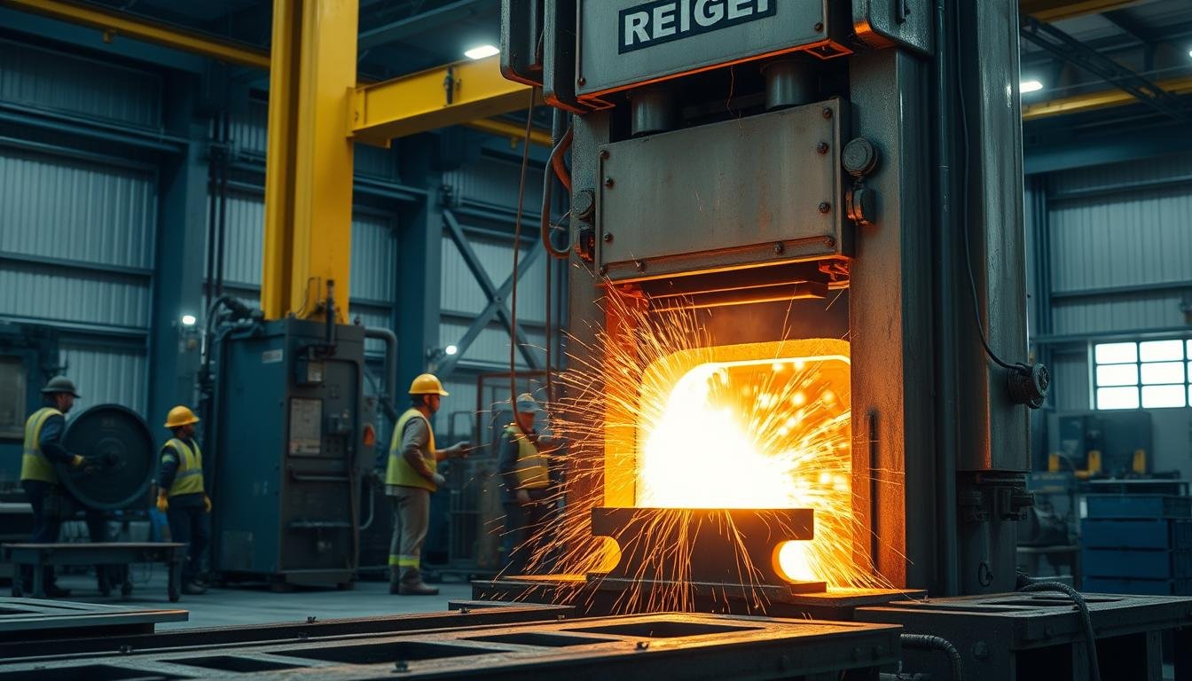 Metal forge process showing heated metal being shaped by industrial forge press