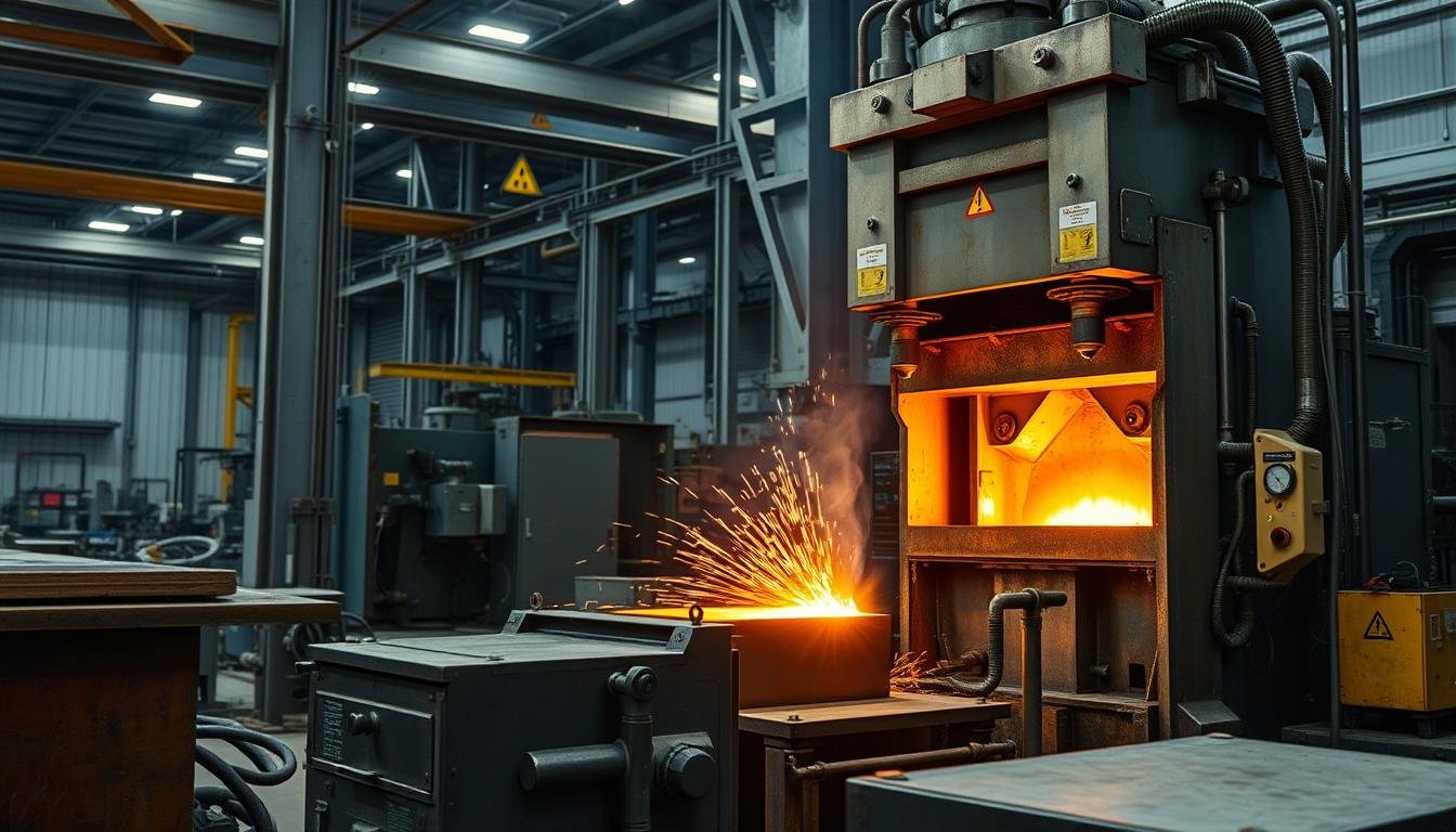 Metal forge process showing heated metal being shaped with industrial equipment