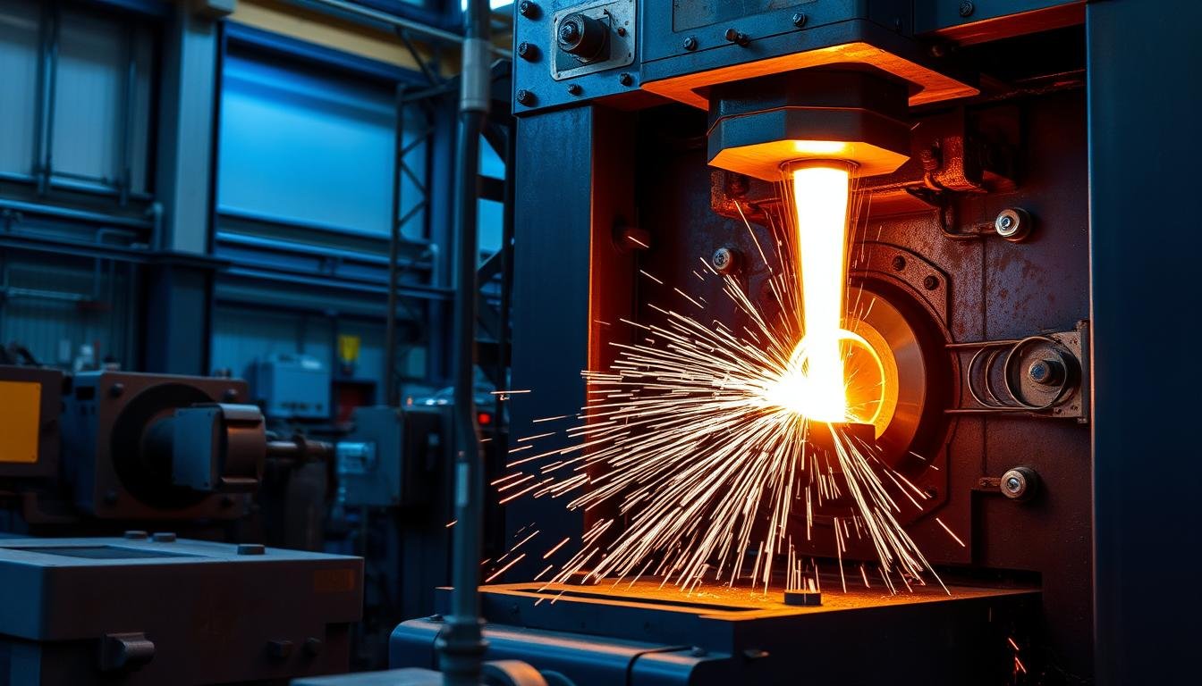 Metal forging procedure showing heated metal being shaped between dies