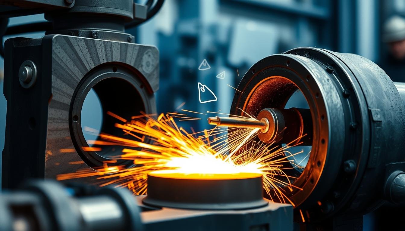 Metal forging process showing heated metal being shaped between dies