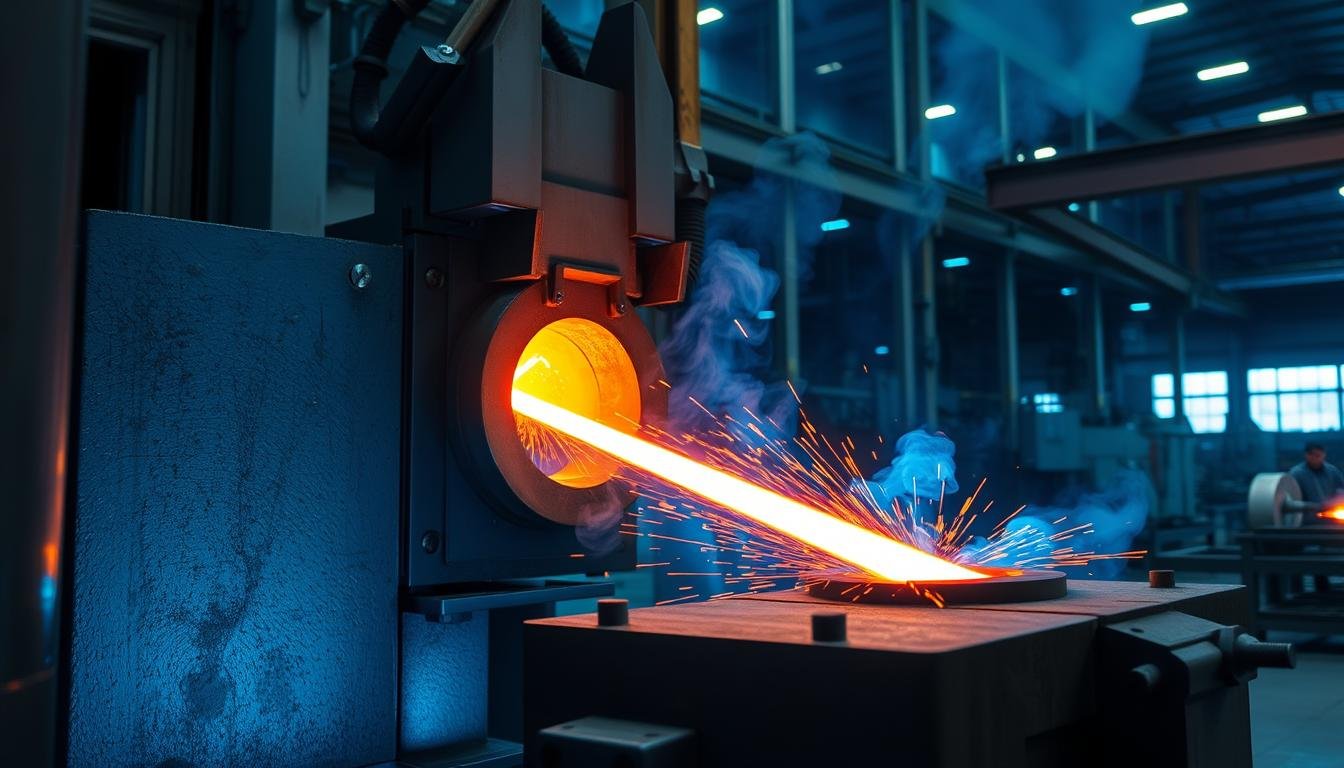 Metal forging process showing heated metal being shaped between dies