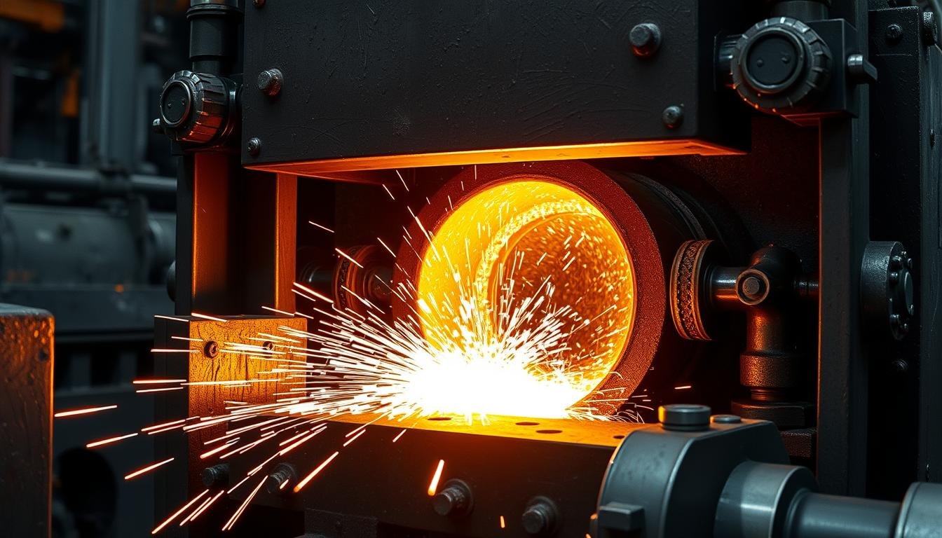 Metal forging process showing heated metal being shaped between dies