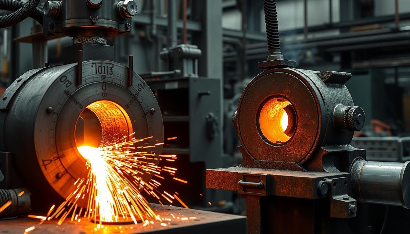 Metal forging process showing heated metal being shaped between dies