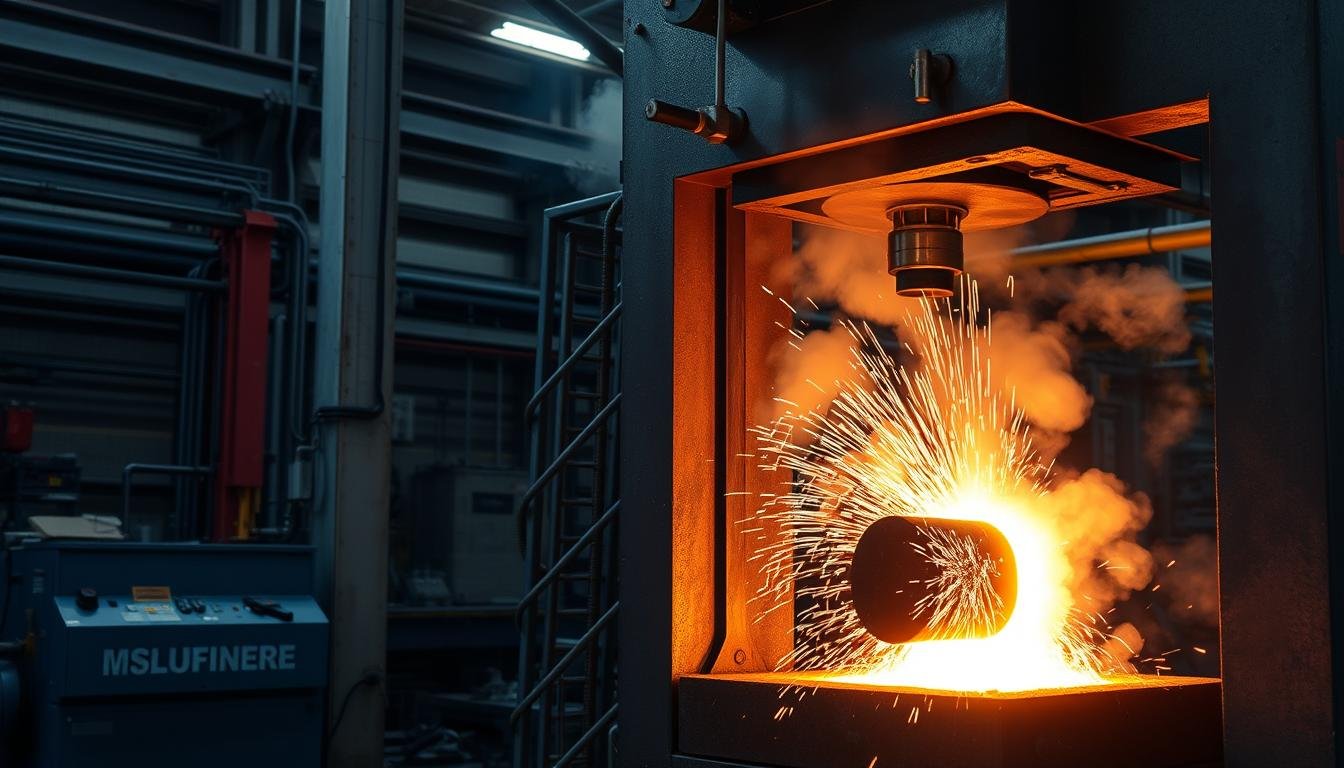Metal forging process showing heated metal being shaped under a hydraulic press