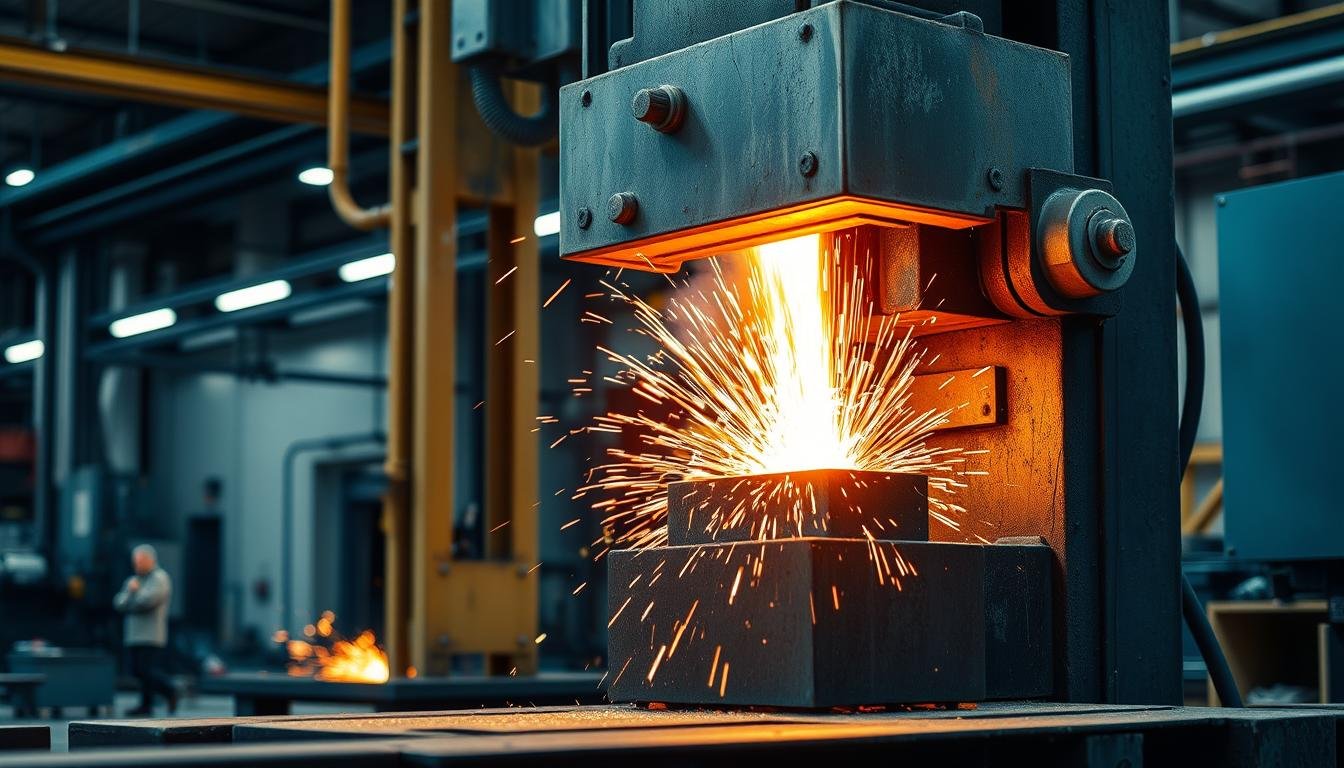 Metal forging process showing heated metal being shaped under a hydraulic press