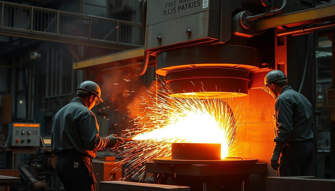 Metal forging process showing heated metal being shaped under high pressure