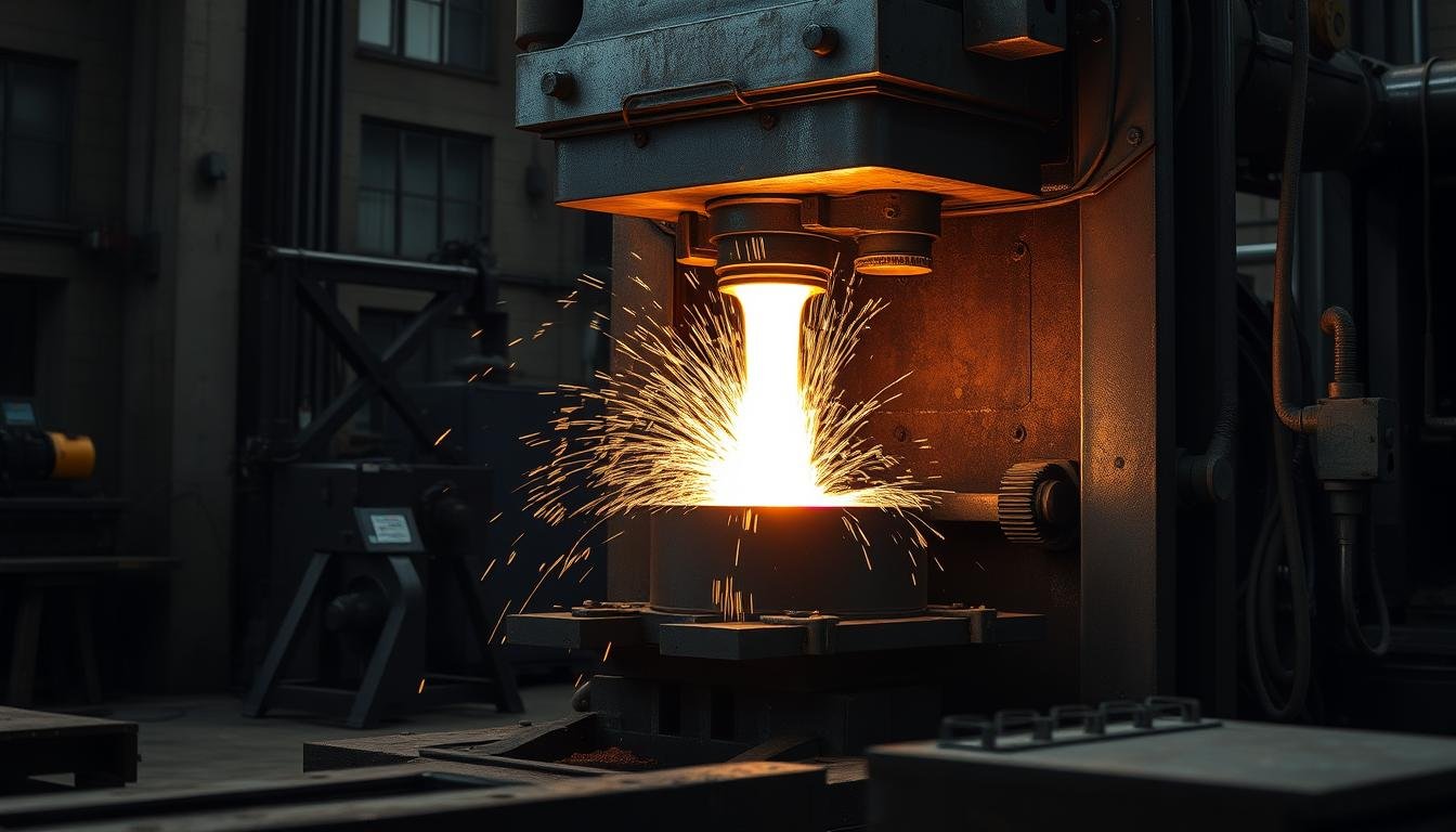 Metal forging process showing heated metal being shaped under pressure