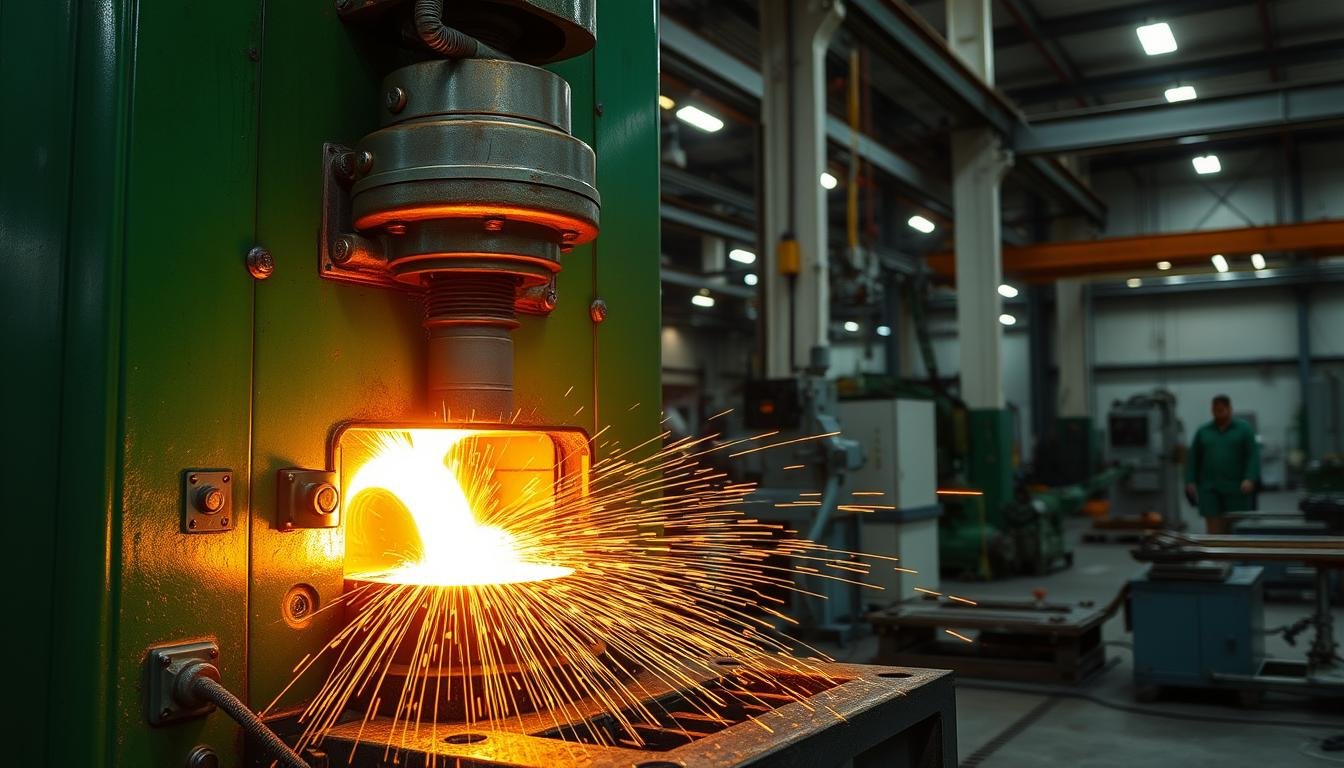 Metal forging process showing heated metal being shaped with hydraulic press implementing sustainable forging procedures