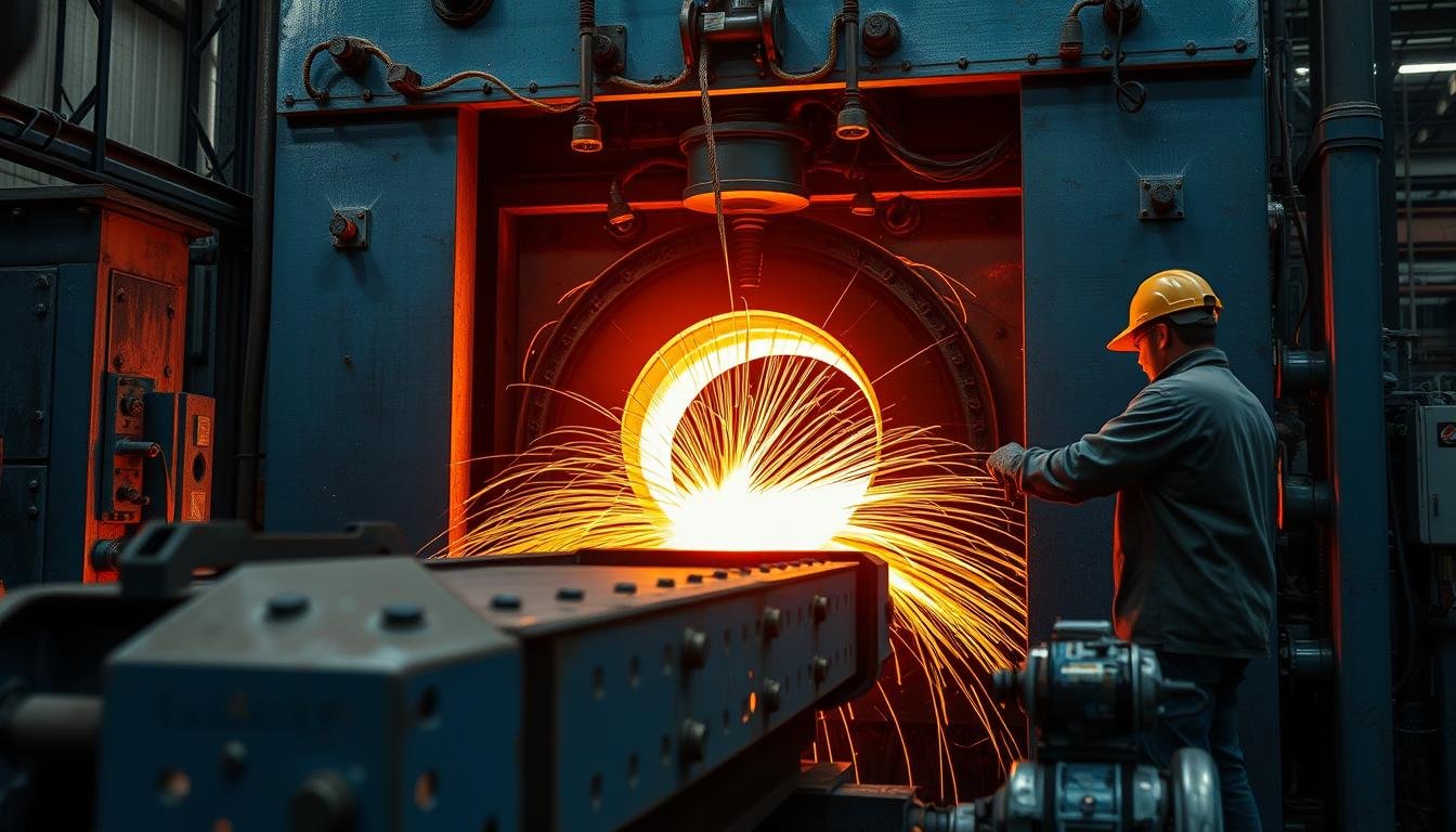 Metal forging process showing hot metal being shaped at MAIKONG facility