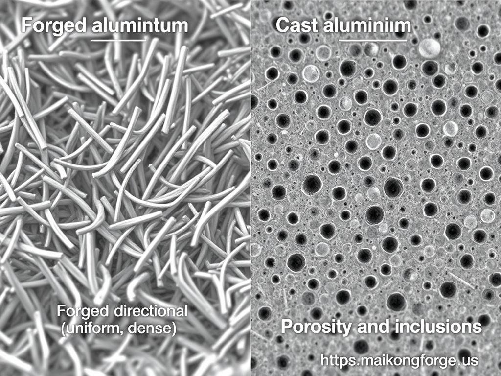 Microscopic comparison of forged vs. cast aluminum grain structure with https://maikongforge.us watermark