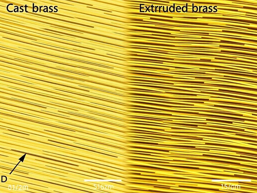 Microscopic comparison of grain structure in cast vs extruded brass