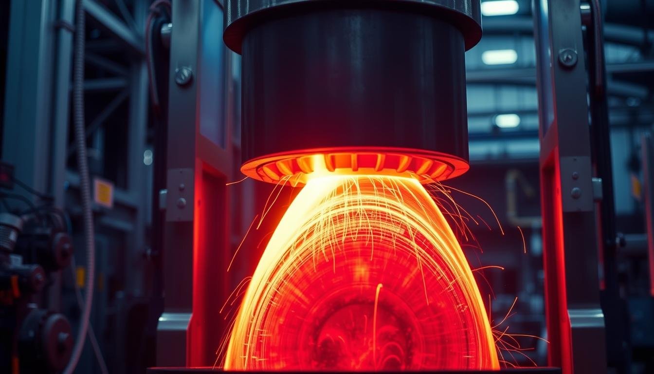 Modern forging procedure showing metal being shaped under high pressure with visible grain flow