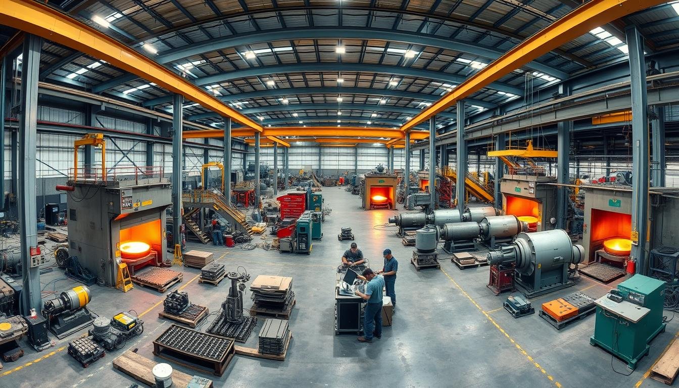 Modern steel forging facility with various equipment
