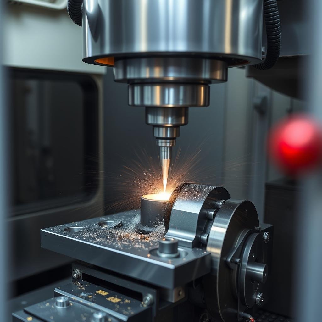 Multi-axis CNC machine performing complex billet machining operation Multi-axis CNC machine performing complex billet machining operation