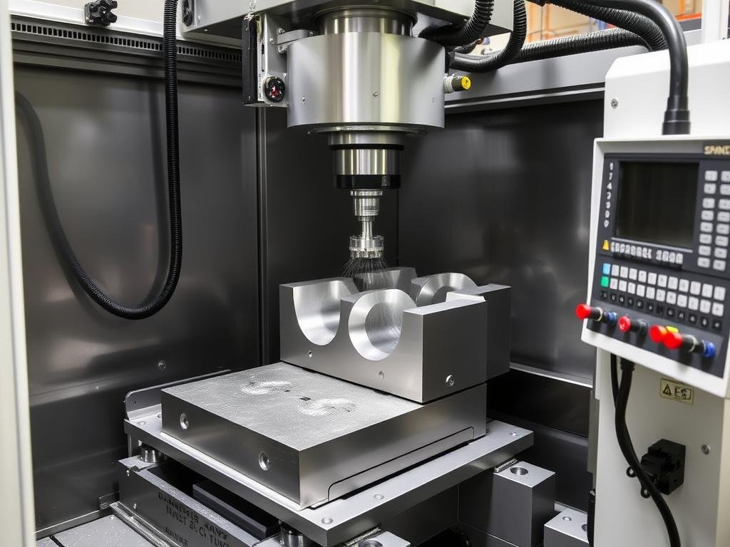 Multi-axis CNC milling machine producing complex aluminum components at MAIKONG