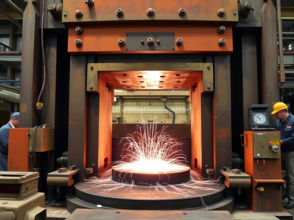 Open-die forging at MAIKONG showing metal being shaped between flat dies