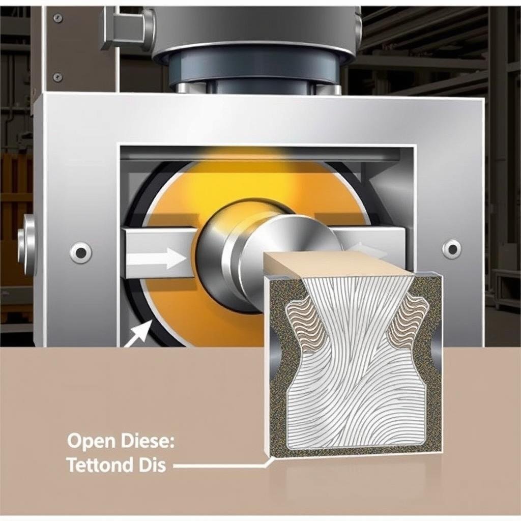 Open die forging process showing metal being shaped between flat dies