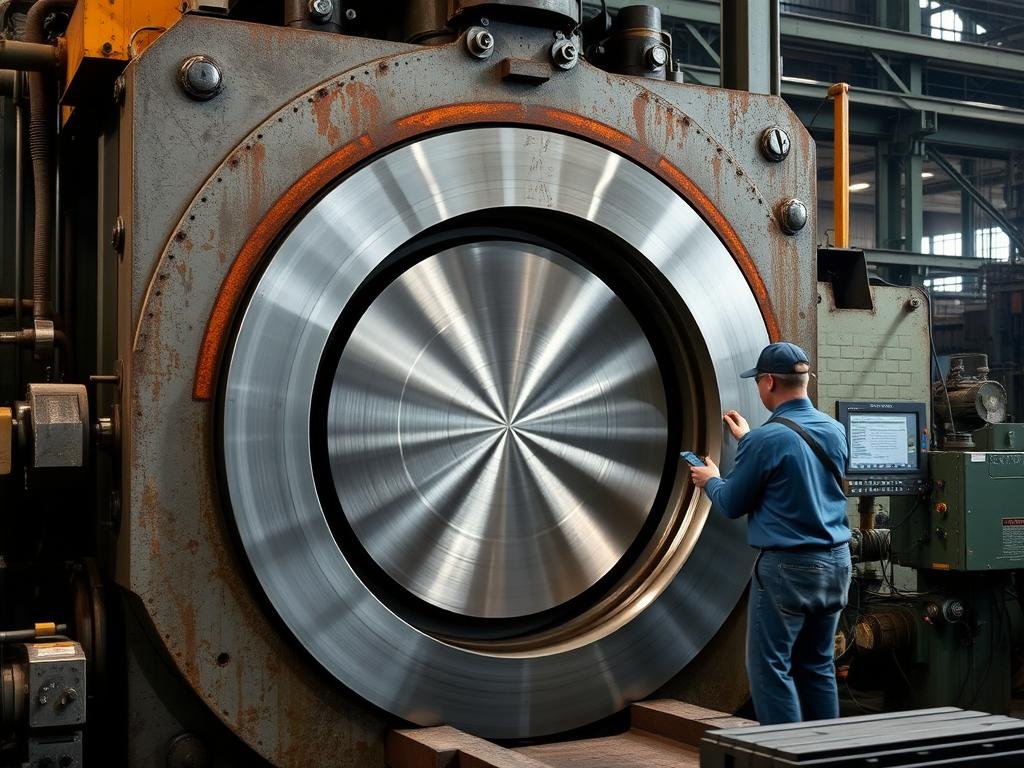 Open die forging process with flat dies shaping a large steel workpiece