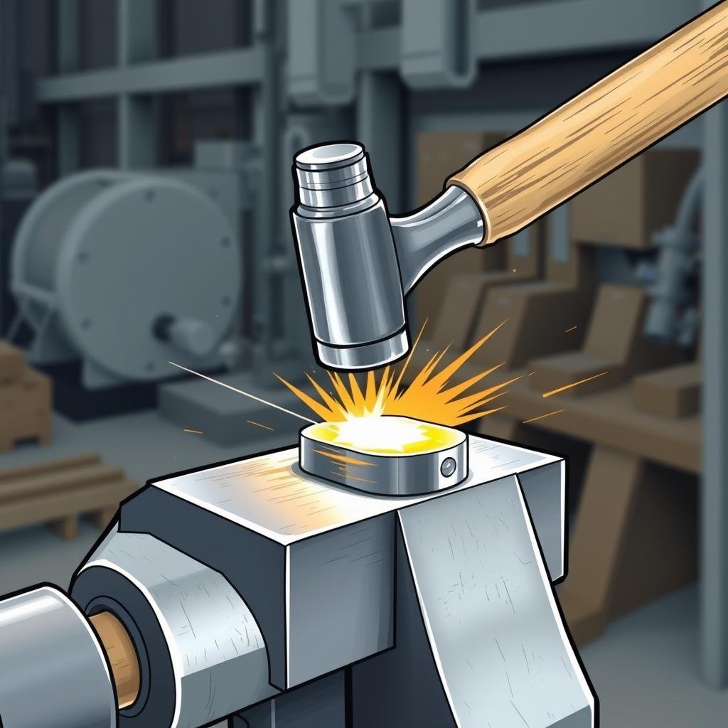 Open die forging process with hammer striking metal on anvil
