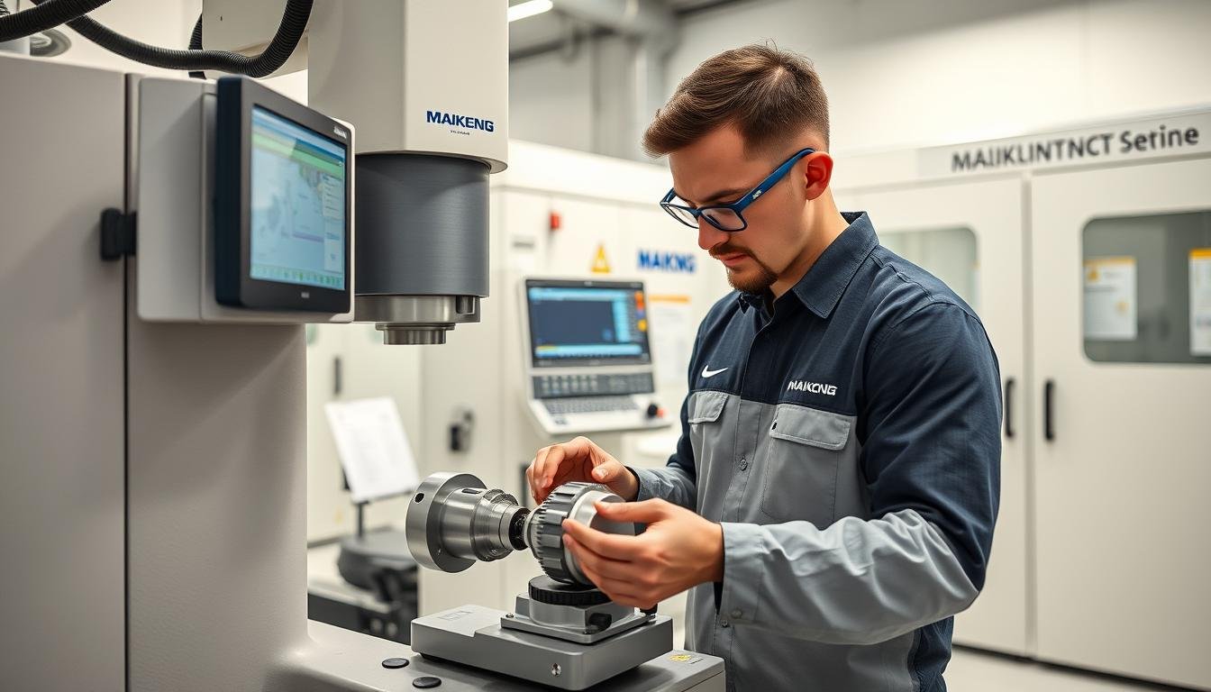 Quality control engineer inspecting billet machined part with precision instruments