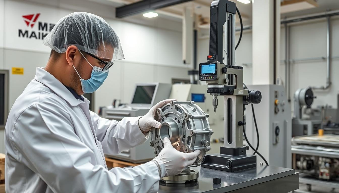 Quality control inspection of aluminum forged parts at MAIKONG's testing laboratory