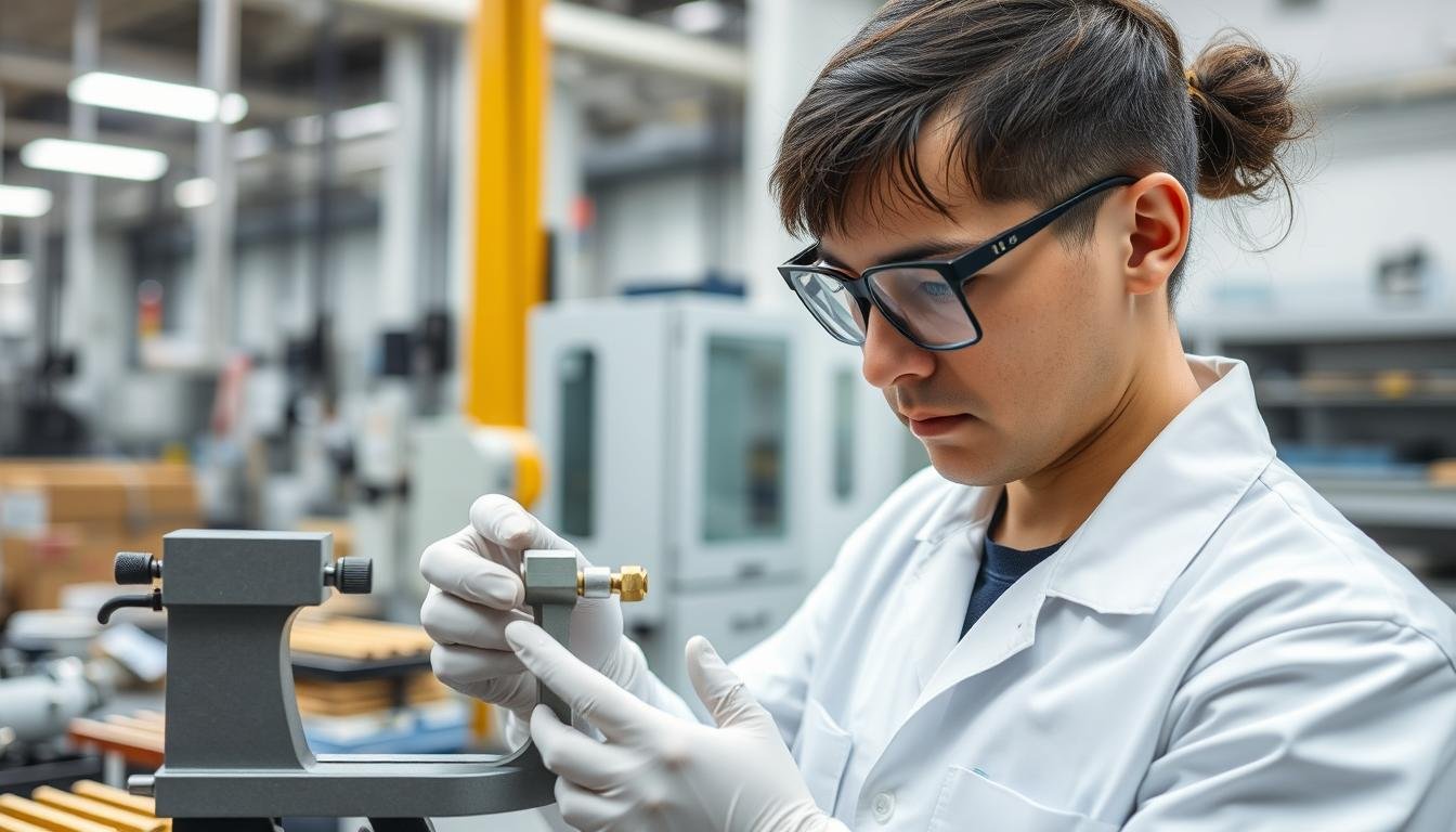 Quality control inspection of brass extrusion components at MAIKONG facility