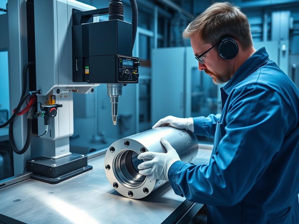 Quality control inspection of forged aluminum components with precision measuring equipment