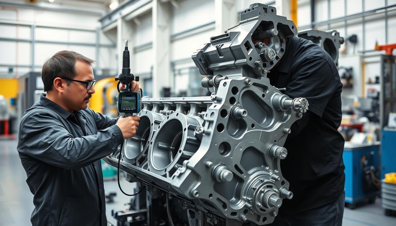 Quality control inspection of forged aluminum engine block Quality control inspection of forged aluminum engine block