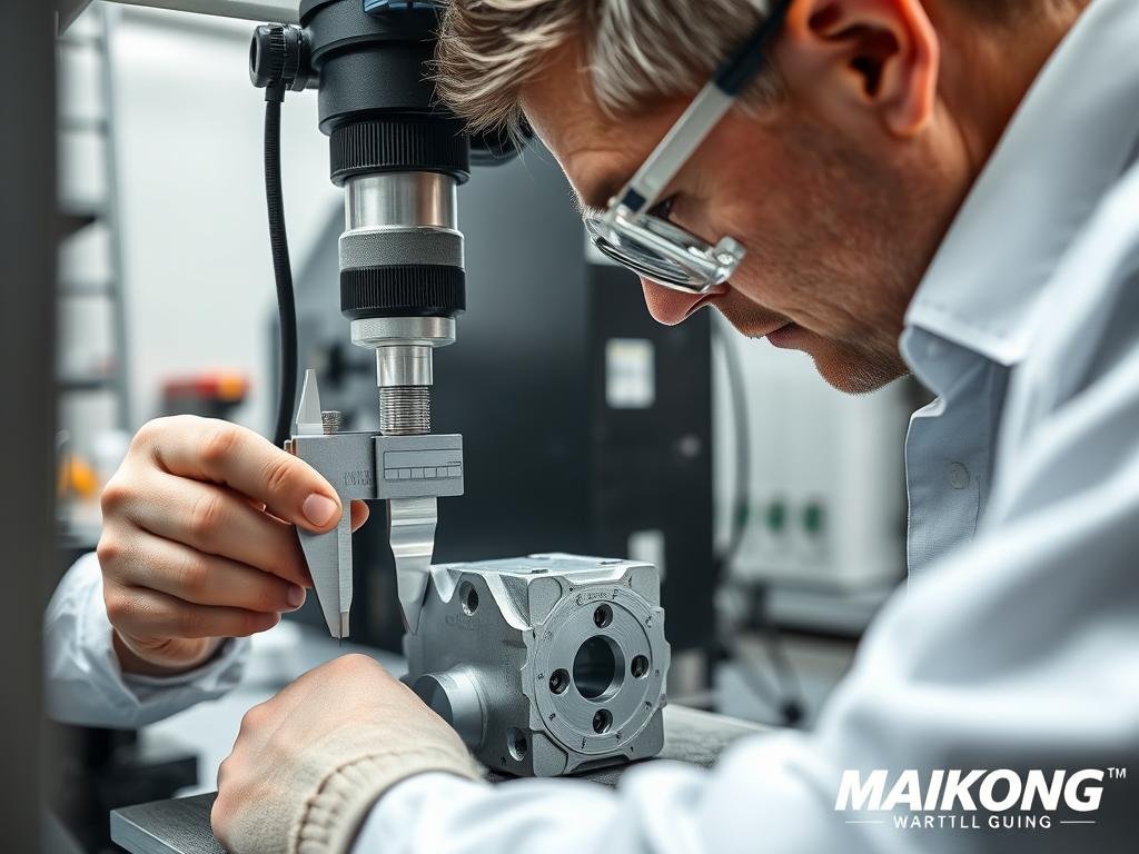 Quality control inspection of hot forged aluminum parts at MAIKONG facility