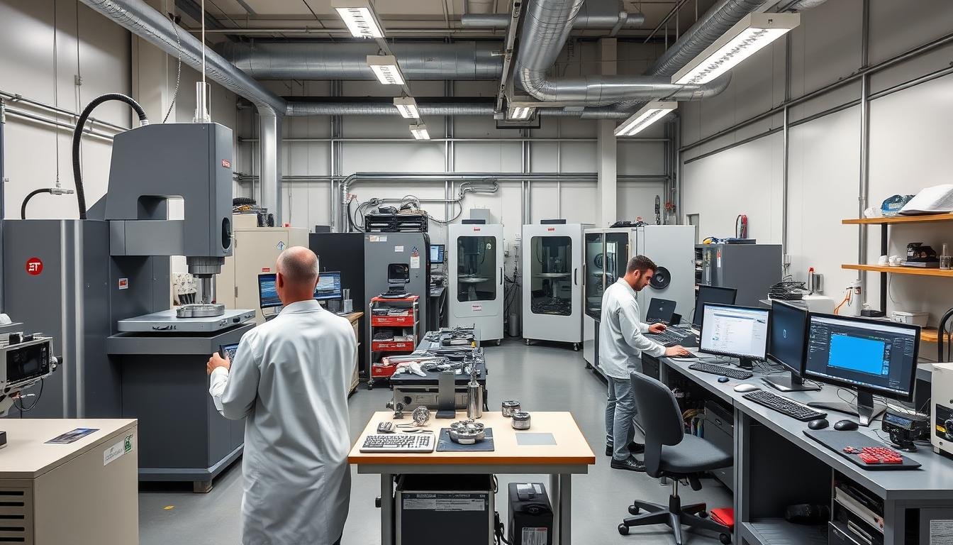 Quality control laboratory at Maikong Forge showing inspection equipment and testing procedures