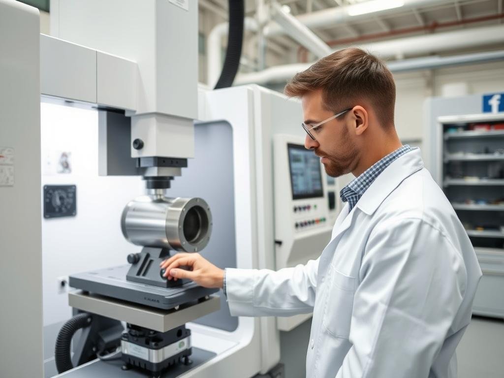 Quality control technician at MAIKONG inspecting forged aluminum parts with precision measurement equipment Quality control technician at MAIKONG inspecting forged aluminum parts with precision measurement equipment