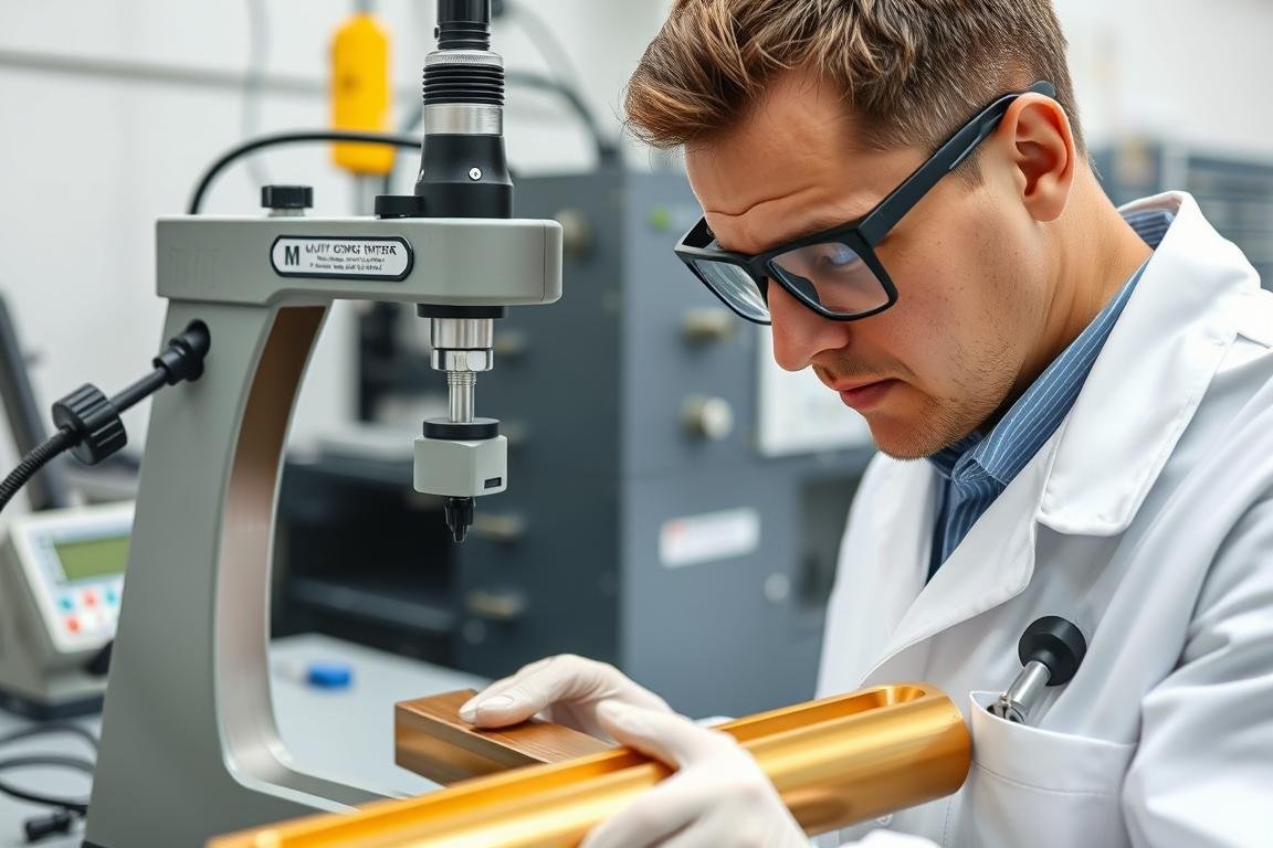 Quality control technician inspecting brass extrusion profiles