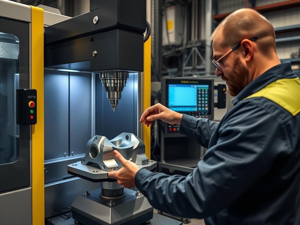 Quality control technician inspecting forged aluminum component with precision measuring equipment