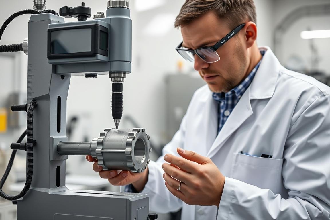 Quality control technician inspecting forged aluminum part with precision measuring equipment Quality control technician inspecting forged aluminum part with precision measuring equipment