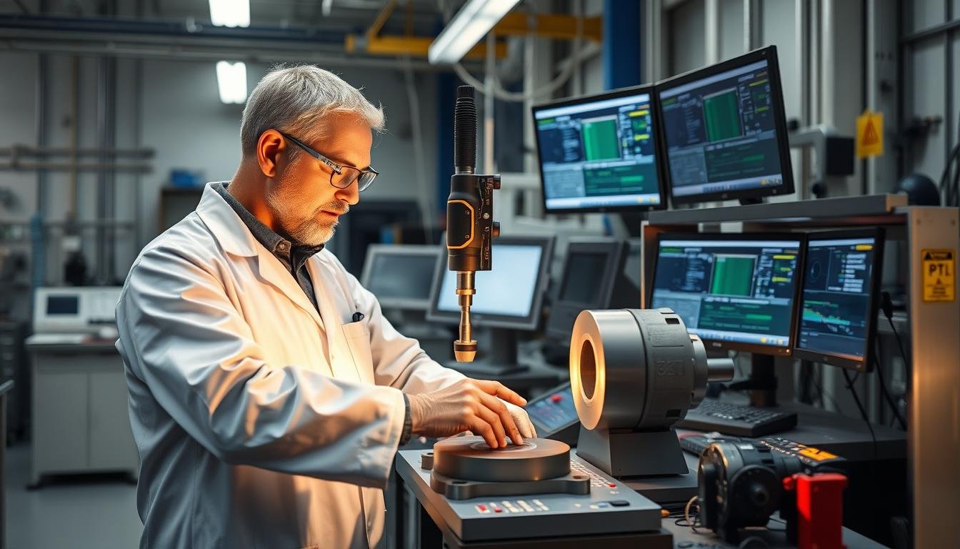 Quality control technician inspecting forged metal component