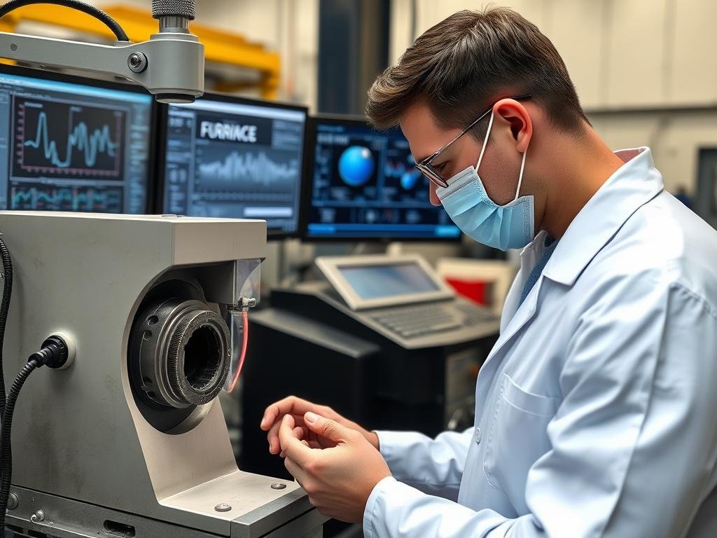 Quality control technician inspecting forging press components Quality control technician inspecting forging press components