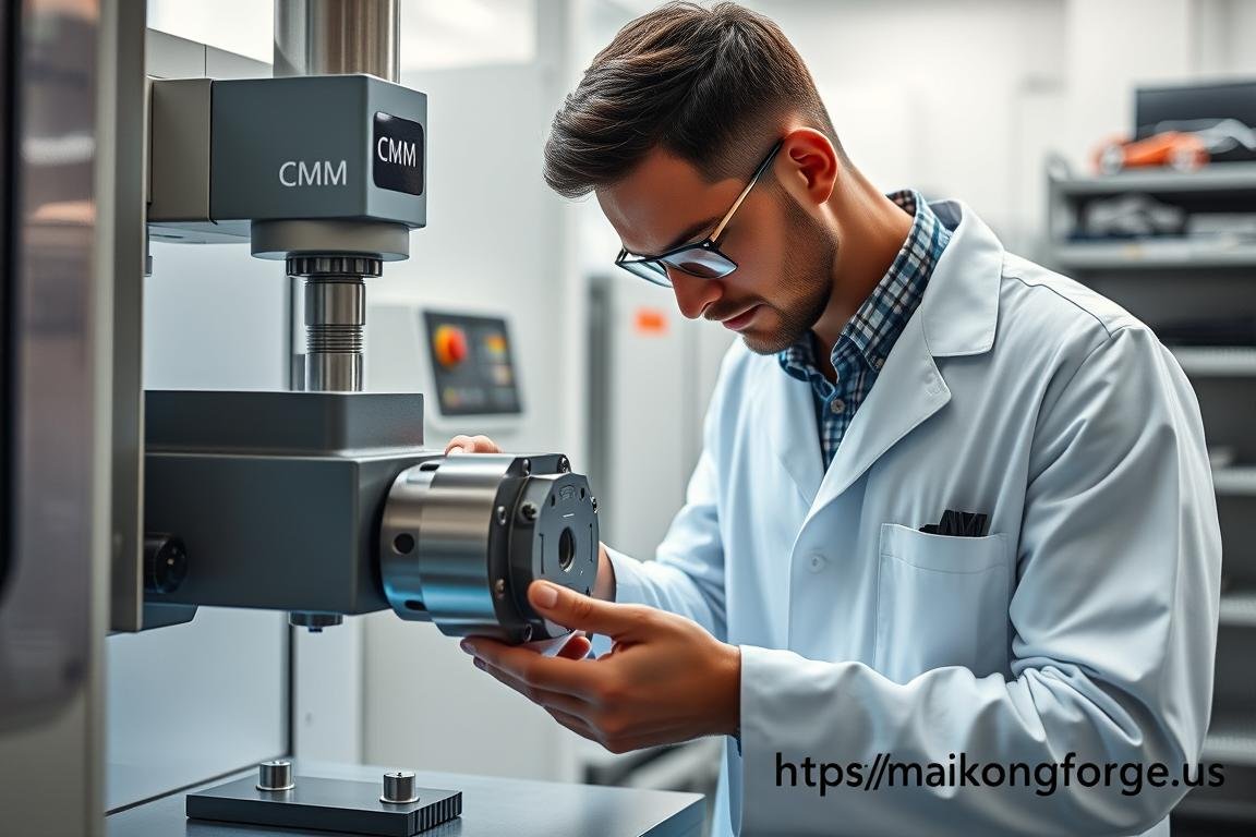 Quality control technician measuring billet machined part with precision instruments