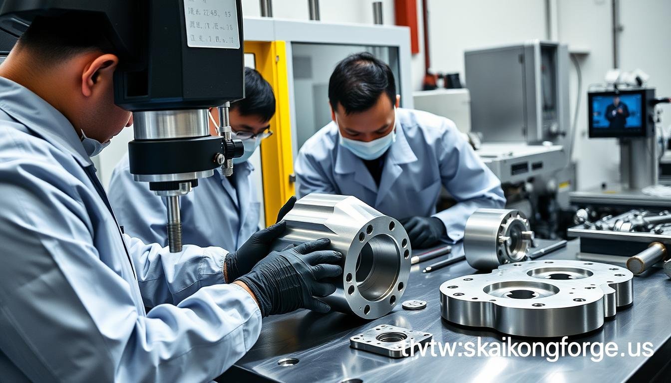 Quality inspection of aluminum forged parts at MAIKONG's quality control laboratory