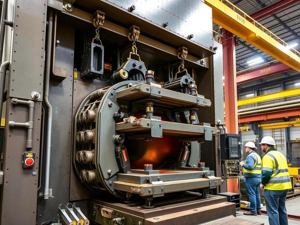 Quick-change forge tooling system being installed in a forging press
